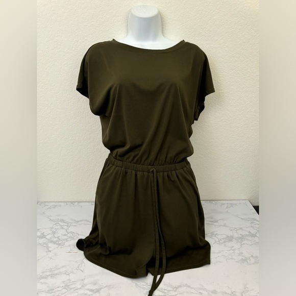 Shein Womens S Romper Playsuit Green Olive Smocked Tied Front Short Sleeve​​ - Picture 1 of 6